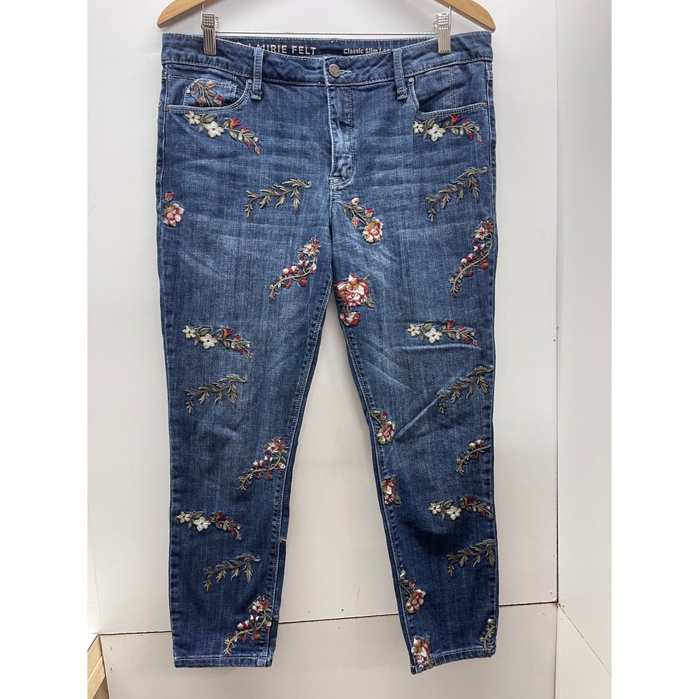 Laurie Felt Los Angeles Classic Slim Leg Floral Embroidered Jeans Blue Size 12